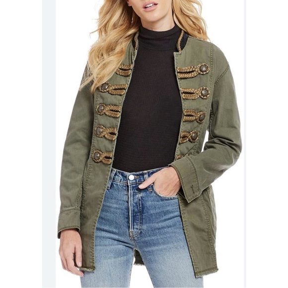 Free People Passenger Military Distressed Moss Utility Jacket Gold Braid Accents - Picture 2 of 9